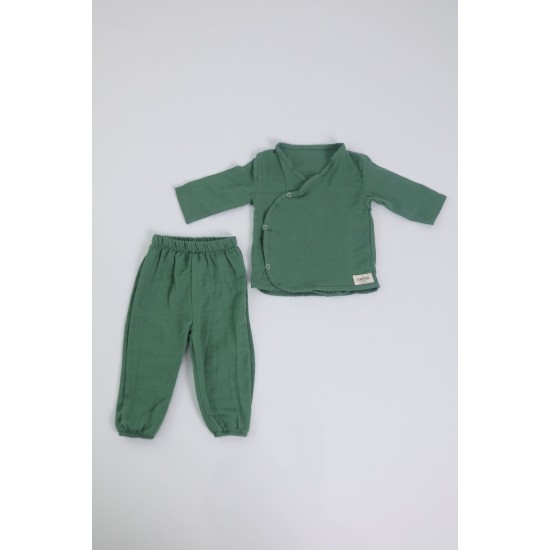 Bebek Kimono Takım %100 Pamuk İki Katlı Müslin Kumaş - Yeşil